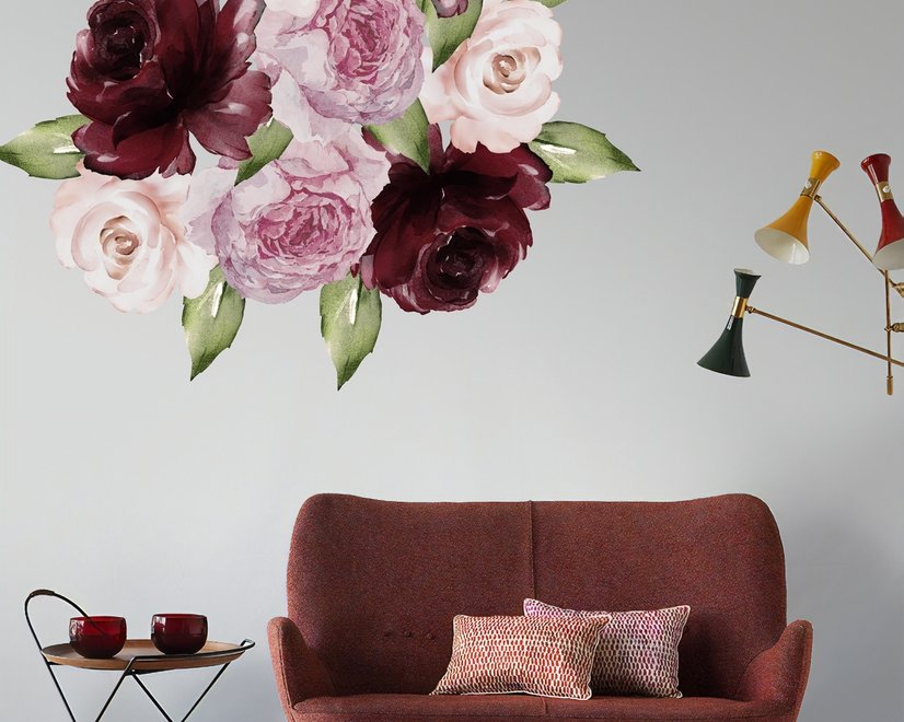Sticker mural floral de pivoine rouge rose aquarelle