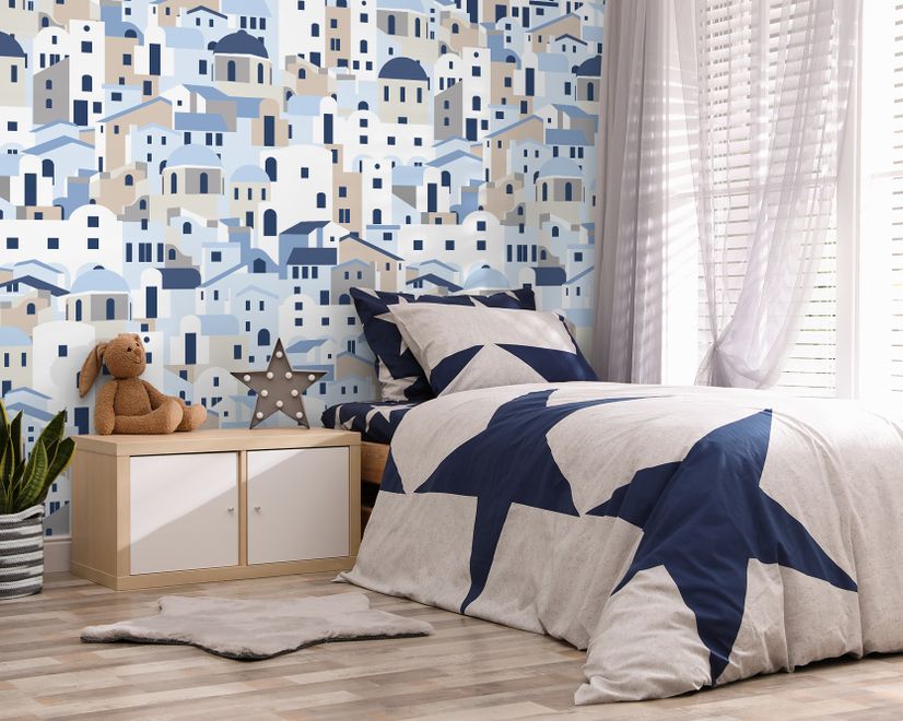 Cartoon Old Blue Greek House Wallpaper Mural