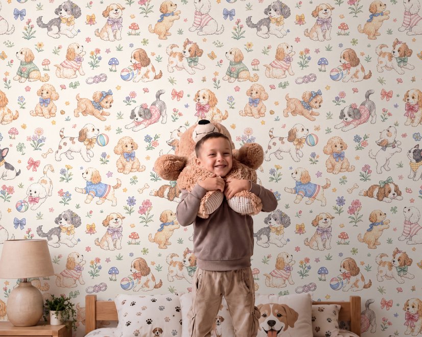 Kids Cute Watercolor Floral and  Puppies Wallpaper Mural 