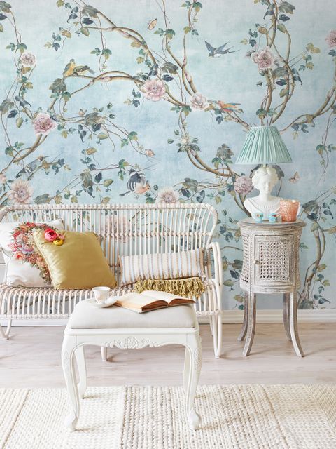 Aquarell-Chinoiserie-Blumen-Pfingstrosen-Fototapete