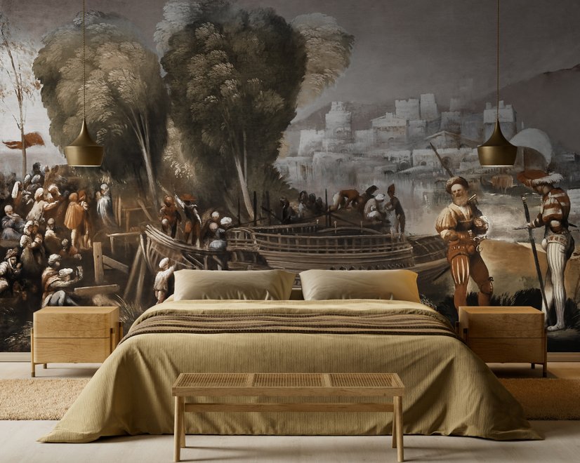 Medieval Lake Landscape with Boats Wallpaper Mural