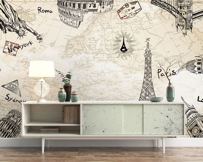 Vintage Map with Eiffel Tower Statue of Liberty Wallpaper Mural