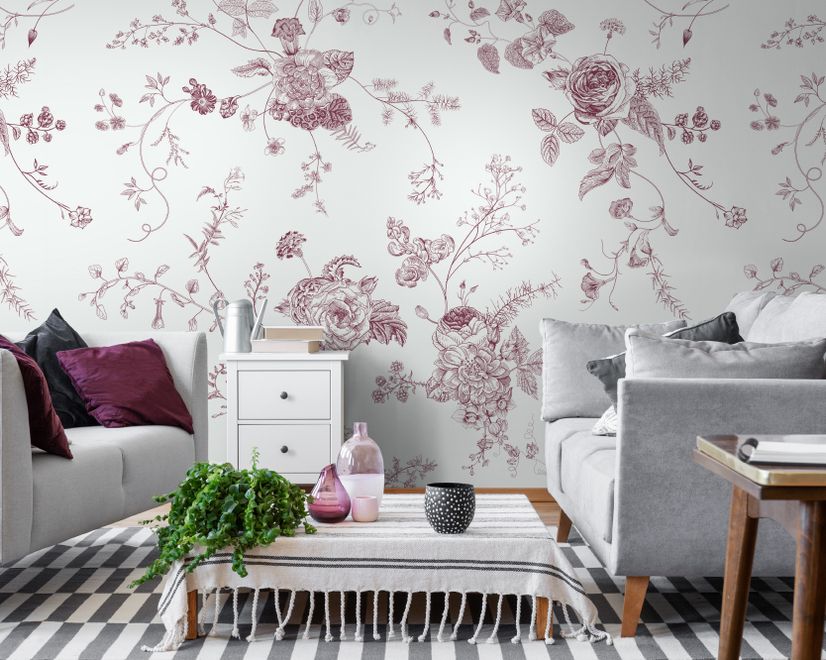 Monochrome Floral Drawing Art Wallpaper Mural