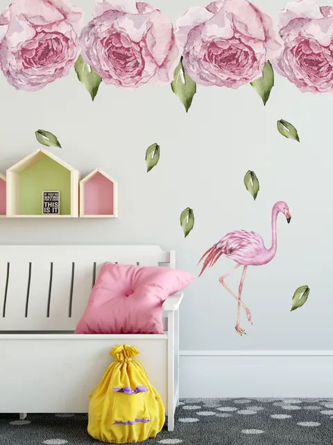 Wandtattoo mit Rosa Pfingstrosen und Flamingo