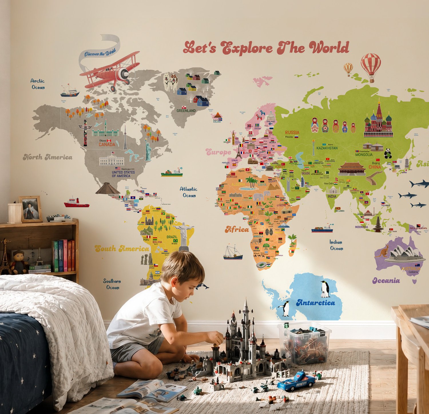 Kids Colorful Educational World Map Wallpaper - Peel and Stick