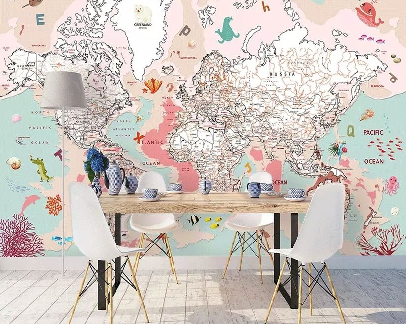 Pink Political World Map with Animals Wallpaper Mural