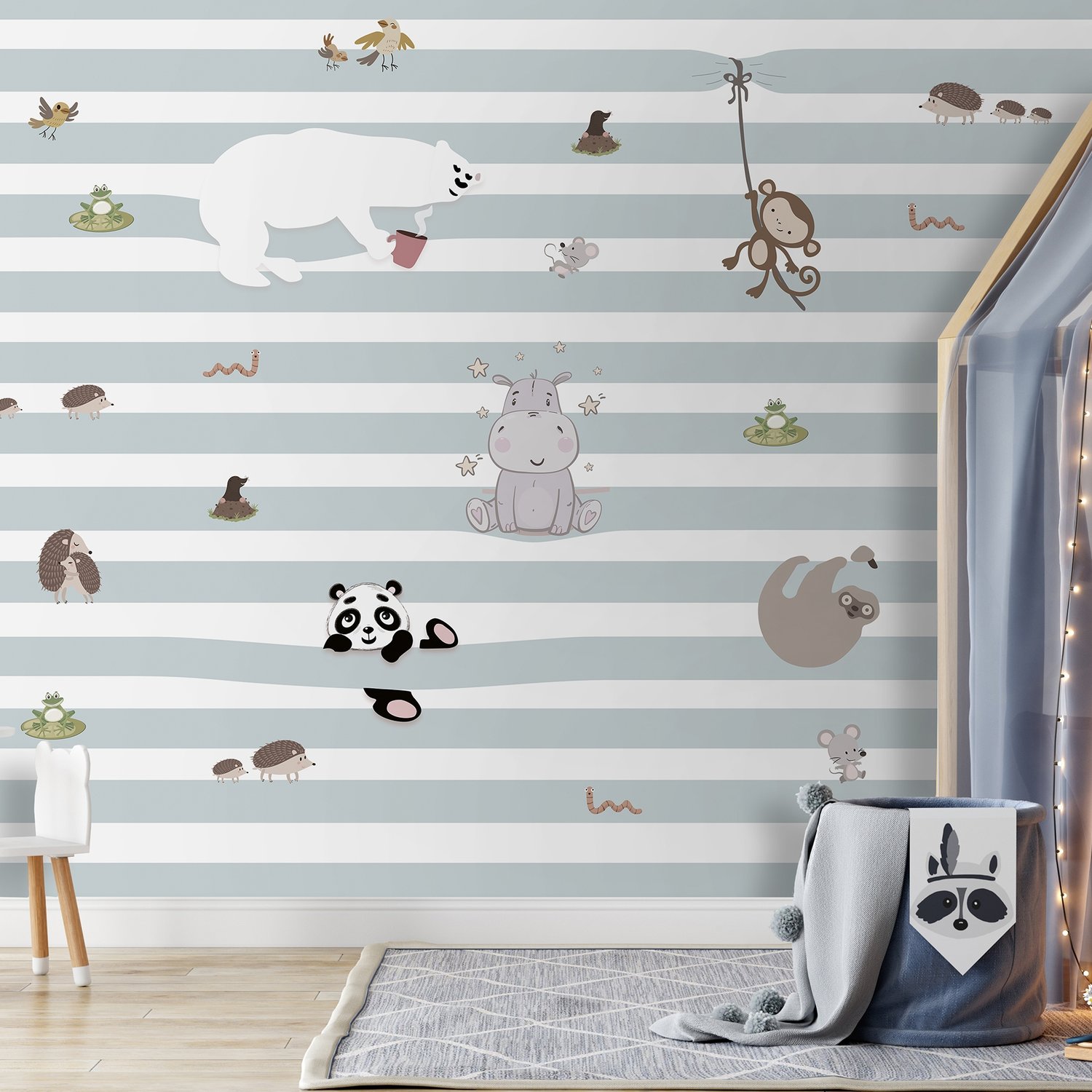 Cute Animals on the Colorful Stripe Wallpaper Mural - Peel and Stick