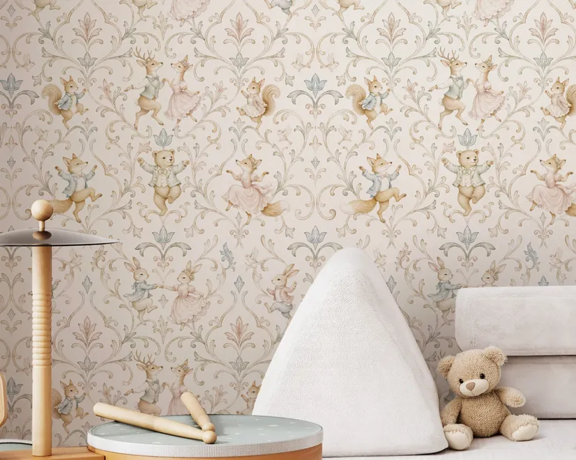 Cute rabbits wallpaper with woodland animals, white birds and acanthus scrolls on an ivory cream ground