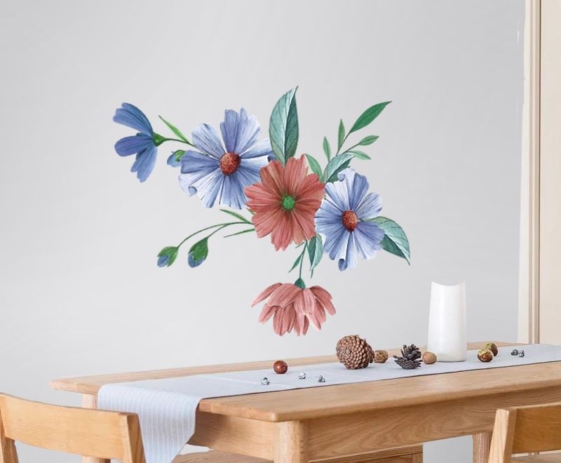 Blau Rotes Aquarell Gänseblümchen Blumenstrauß Wandtattoo