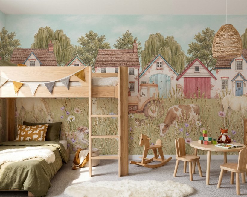 Watercolour rustic farmhouse wallpaper mural with horse, cow, llama, dog, tractor and cottage barns in a wheat meadow