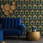 Art Deco feathers wallpaper with turquoise peacock eyes, gold plumes and navy teal ground