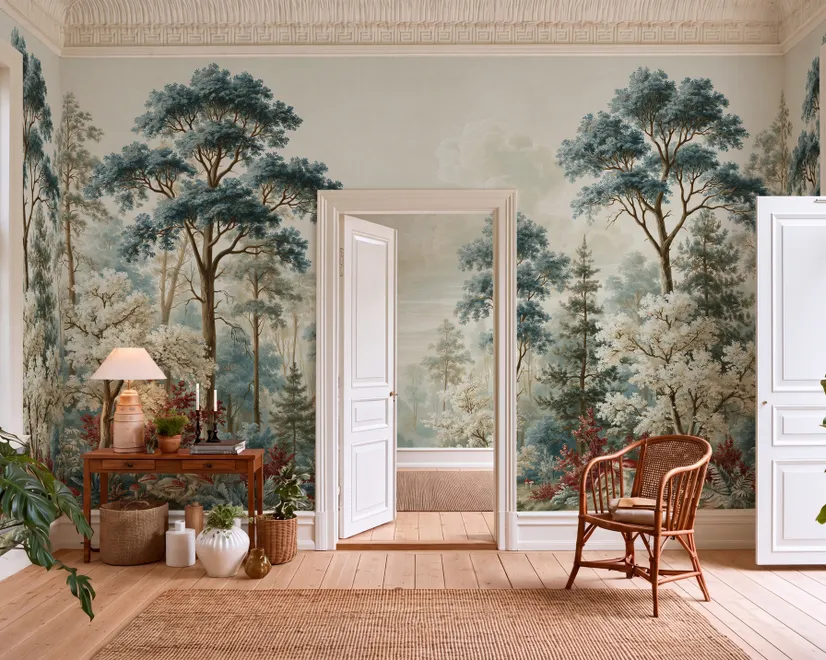Vintage forest wallpaper mural with blue-grey trees, ivory blossom, red plants and toadstools around a misty path