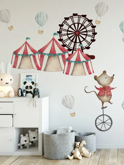 Kids Watercolor Circus Amusement Park with Little Hot Air Balloon Wall Decal Sticker