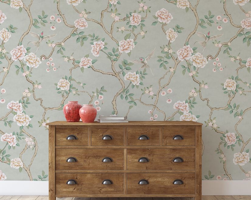 Soft Chinoiserie Peony Tree Blossom Art Wallpaper Mural