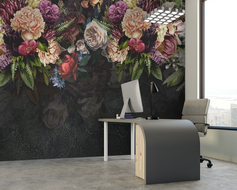 Dark Vine Floral and Peony Blossom Wallpaper Mural