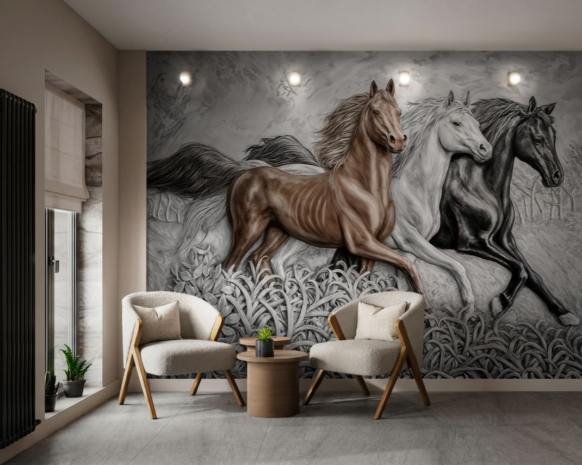 3D Embossed Look Horses Wallpaper Mural