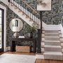 Navy wallpaper with warm ivory and taupe grey toile tree repeat on deep slate blue ground