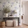 Blue floral wallpaper with watercolour anemone blooms, mint sage leaves and yellow ochre centres on white