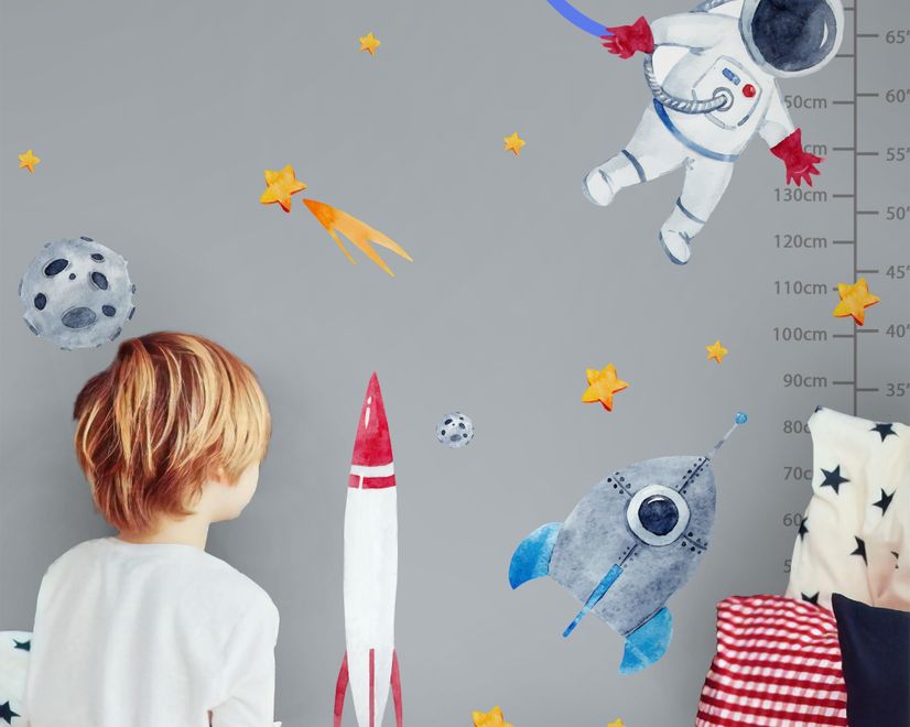 Kids Watercolor Space with Astronaut and Earth Wall Decal Sticker