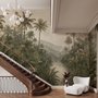 Misty tropical forest wallpaper with palms, pale river and hazy hills in muted green sepia