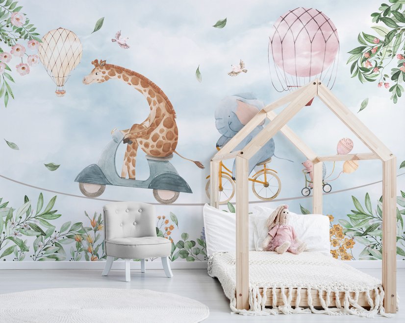 Kids Cycling Riding Cute Animals Wallpaper Mural