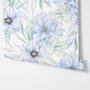 Blue floral wallpaper with watercolour anemone blooms, mint sage leaves and yellow ochre centres on white