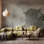 Light gray wallpaper mural with layered ink-wash woodland trees, falling leaves and birds