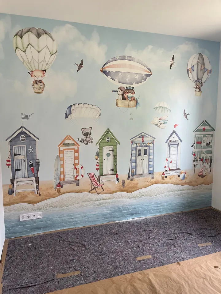 Aquarellkinder-Strandhaus mit Heißluftballons