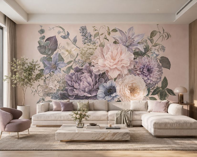 Elegant Pastel Botanical Flower Bouquet Wallpaper Mural