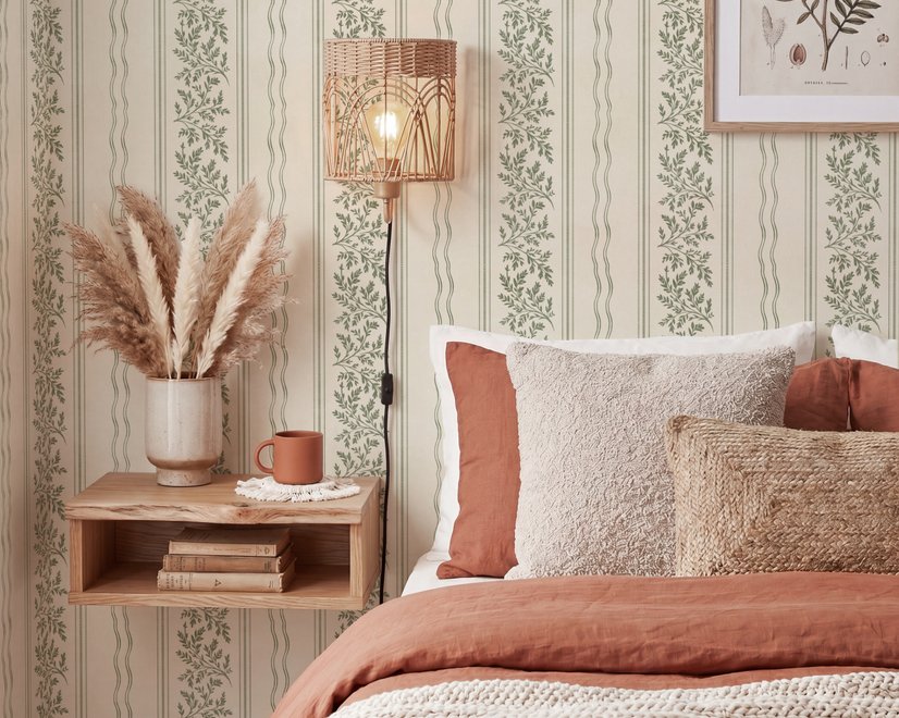 Green aesthetic wallpaper with sage leafy sprigs, fine vertical rules and dotted borders on cream ivory
