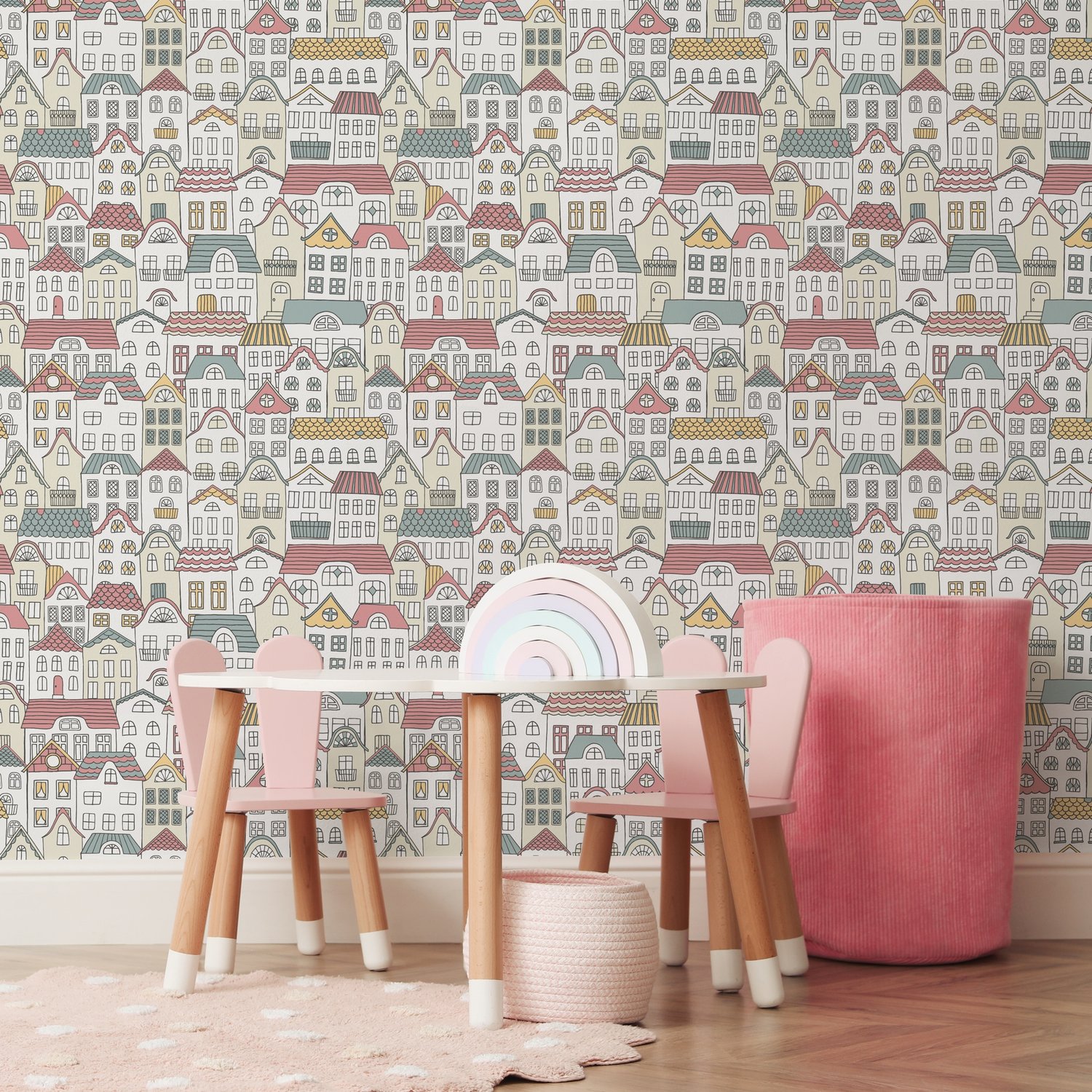 Kids Hand Drawn Colorful Cute House Wallpaper Mural - Peel and Stick