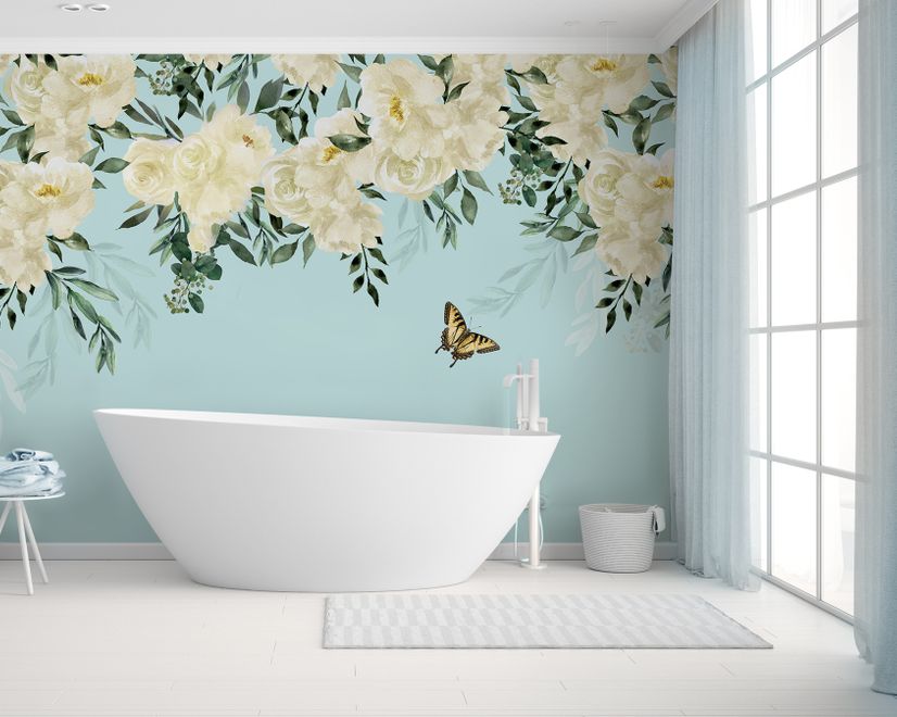 White Flowers and Yellow Butterfly Wallpaper Mural