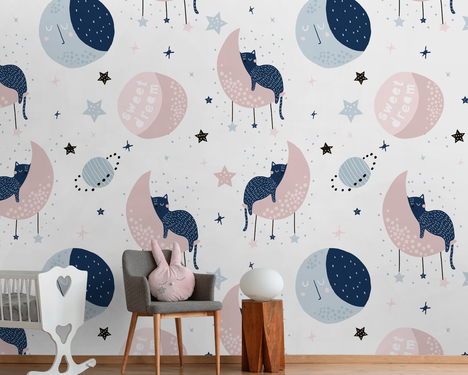 Cute Sleeping Cat on the Moon Wallpaper Mural - Peel and Stick