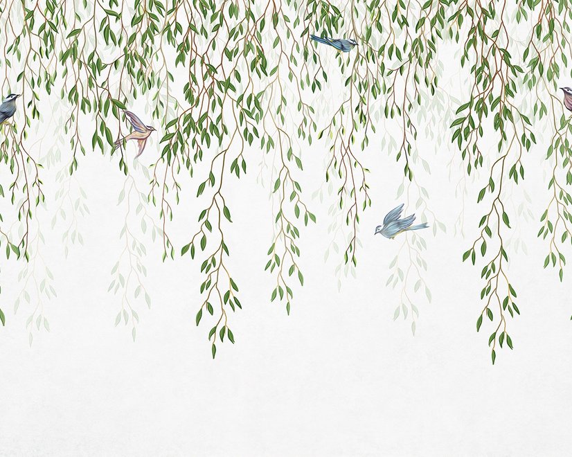 Green Hanging Leaves with Colorful Birds Wallpaper Mural
