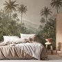 Misty tropical forest wallpaper with palms, pale river and hazy hills in muted green sepia