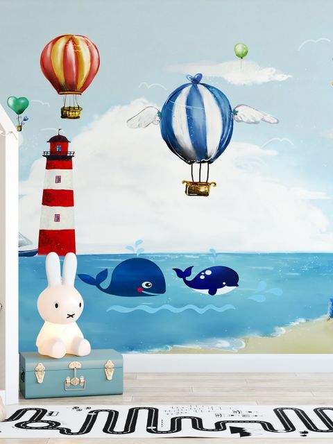 Aquarell-Leuchtturm mit Heißluftballons Fototapete