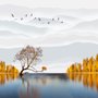 Papier peint panoramique paysage de rivière et arbres jaunes d'automne
