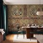Antique style wallpaper mural with tulip vase medallion, floral tile panels and burgundy borders