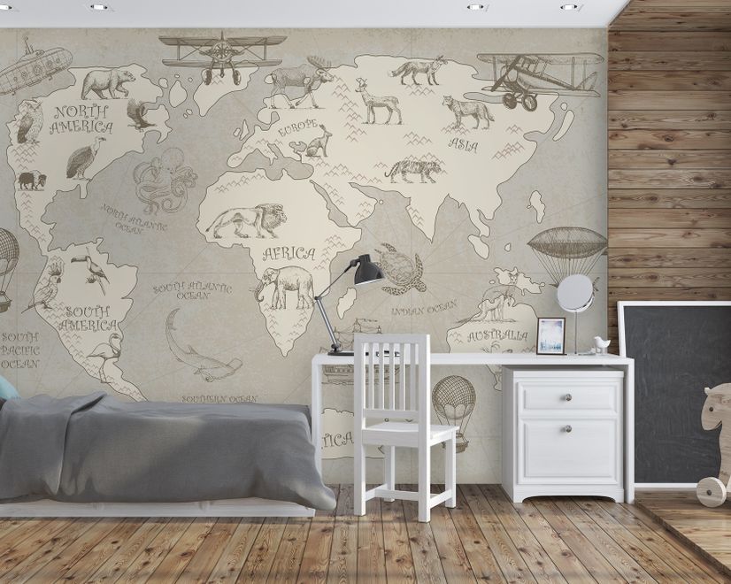 Kids Soft Brown Continent World Map with Drawing Animals Wallpaper Mural