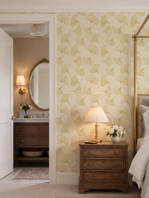 Ginkgo leaf wallpaper with ochre-gold linework on warm ivory and cream parchment ground