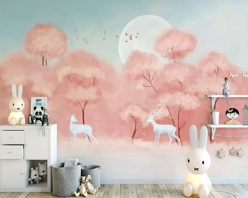 Pink Forest and Horned Deer Wallpaper Mural