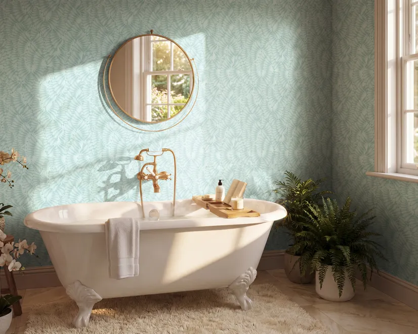 Aqua fern wallpaper with overlapping icy blue palm fronds on a pale aqua ground