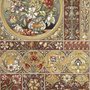 Antique style wallpaper mural with tulip vase medallion, floral tile panels and burgundy borders