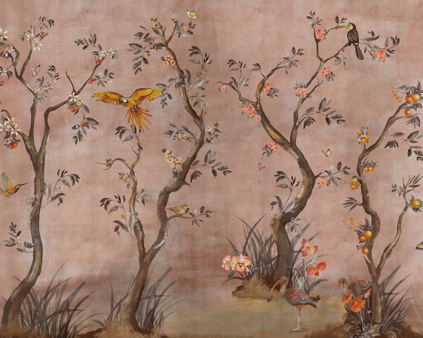 Papier peint panoramique aquarelle Chinoiserie arbres fruitiers