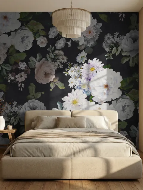 Papier peint panoramique floral foncé et fleurs de pivoine blanches