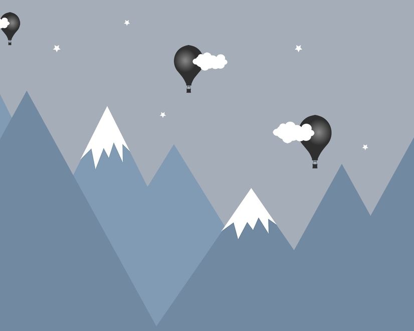 Cartoon-Berglandschaft mit Heißluftballon Fototapete