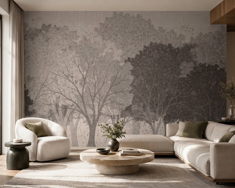 Misty forest nature wallpaper mural in greige, taupe and charcoal watercolour with birds