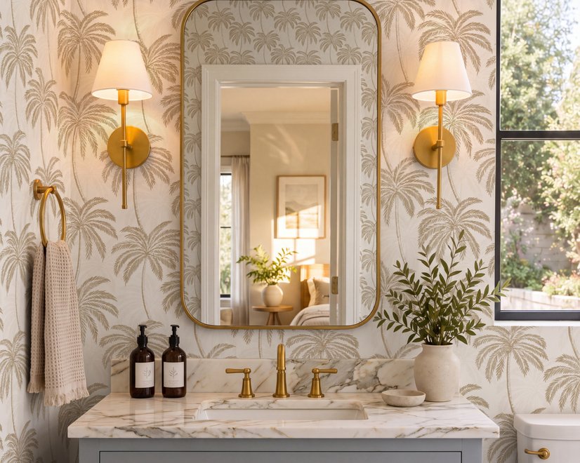 Muted sandy taupe palm trees and pale foliage on a creamy ivory ground tropical wallpaper