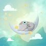 Watercolor Cute Elephant with Moon Wallpaper Mural
