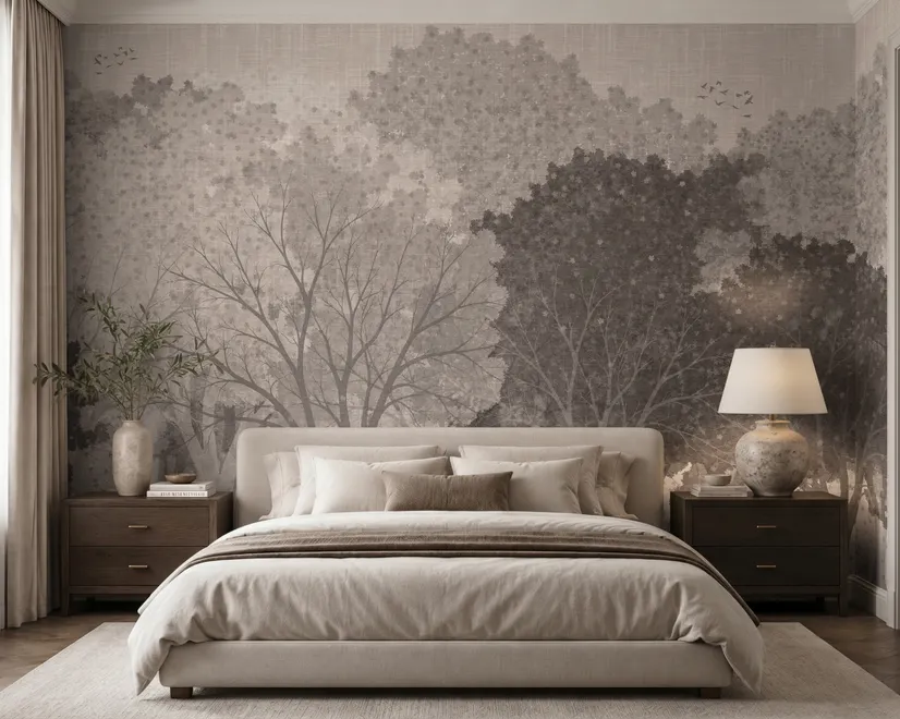 Misty forest nature wallpaper mural in greige, taupe and charcoal watercolour with birds
